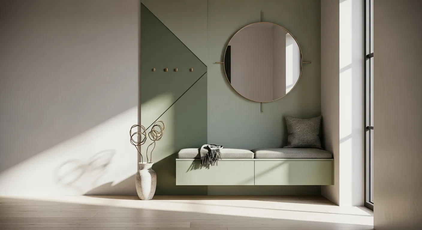 Minimalist entryway design with sage green walls, round mirror, and cozy seating.