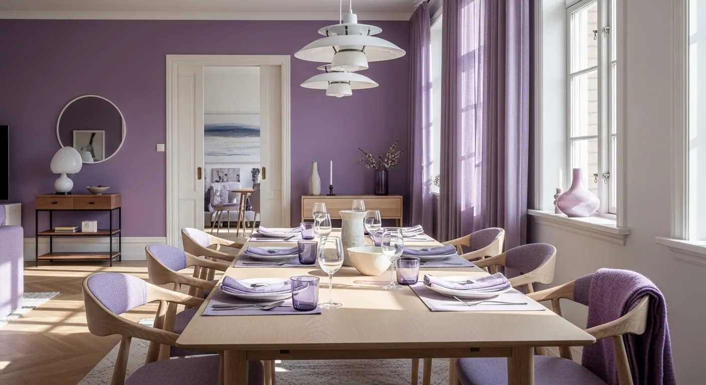 Scandinavian style dining room featuring lavender walls and decor.