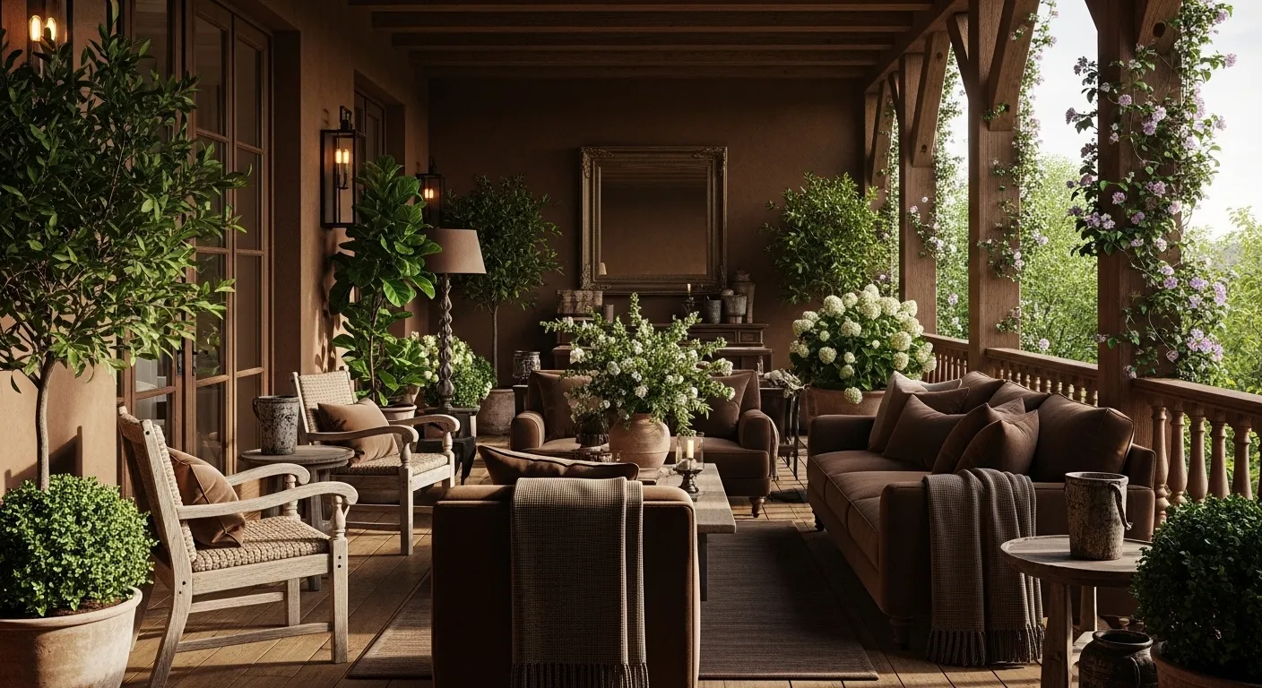 Cozy farmhouse balcony featuring chocolate brown wicker furniture and rustic wooden accents