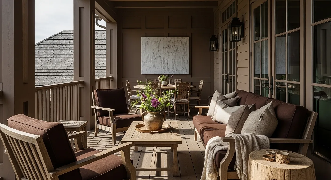 Cozy outdoor balcony featuring chocolate brown furniture and rustic farmhouse accents