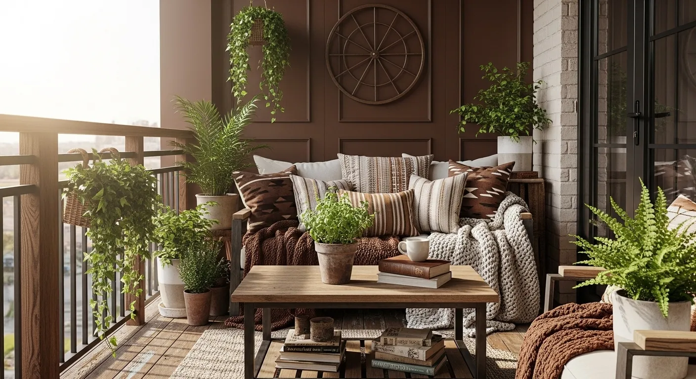 Cozy farmhouse balcony featuring chocolate brown wicker furniture and rustic wooden accents