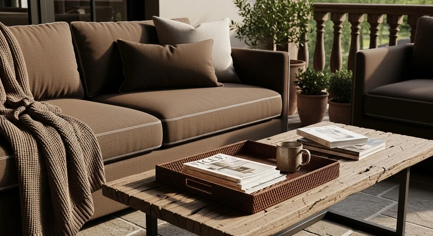 Cozy farmhouse balcony featuring chocolate brown furniture and rustic wood accents