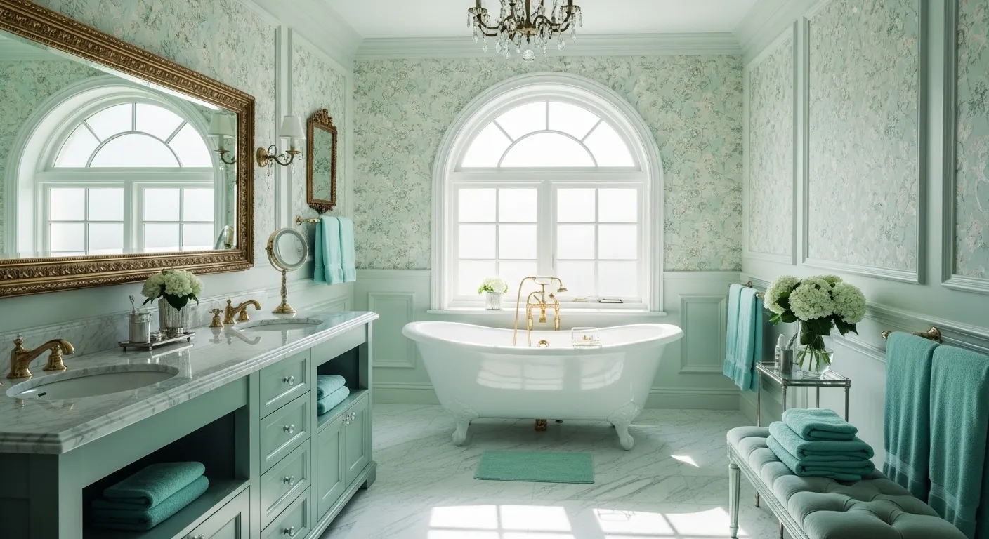 Elegant luxury bathroom featuring pastel mint walls, a freestanding tub, and gold fixtures