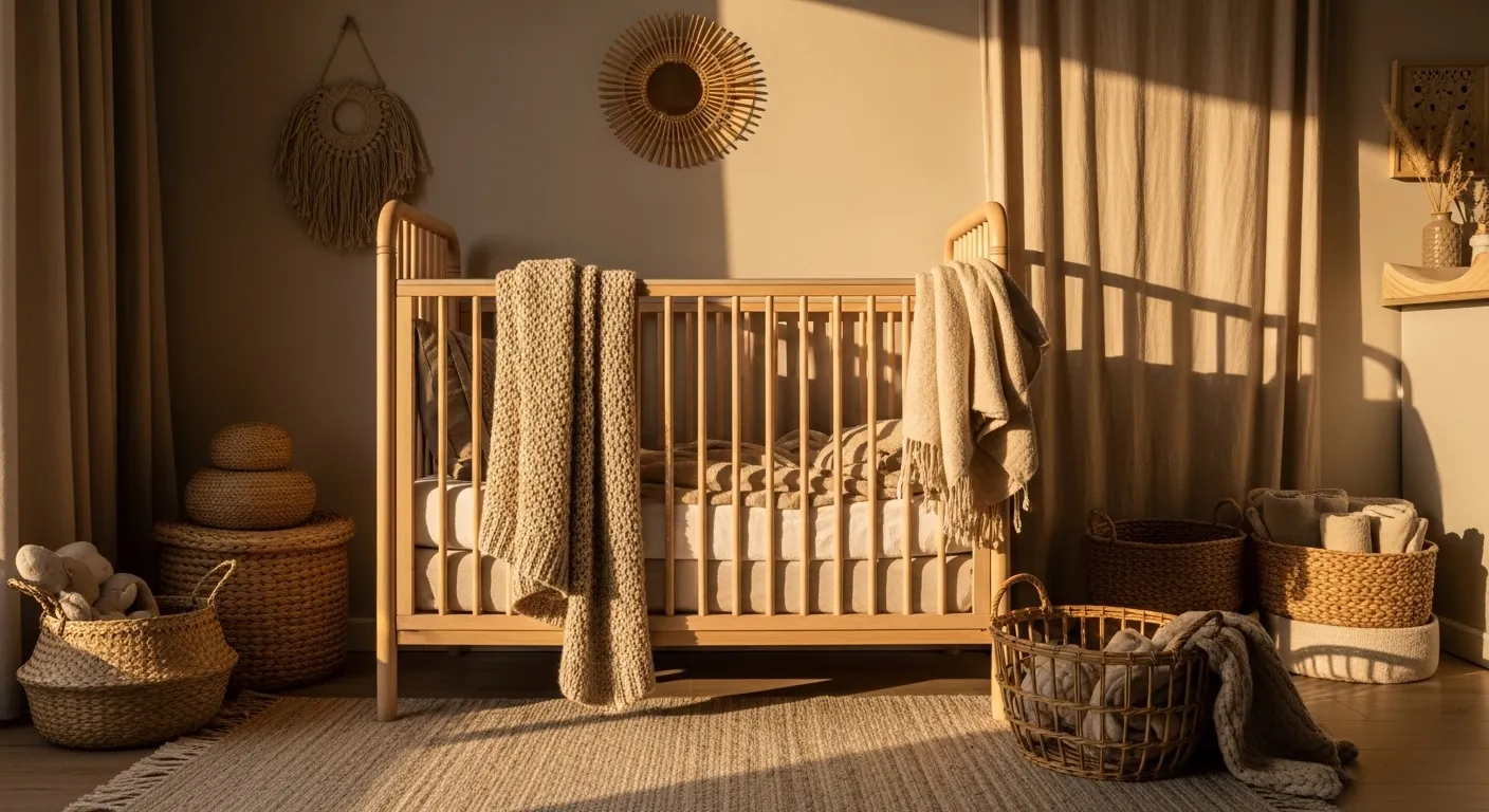 Crystal chandelier and tufted ottoman in a beige classic luxury nursery setting