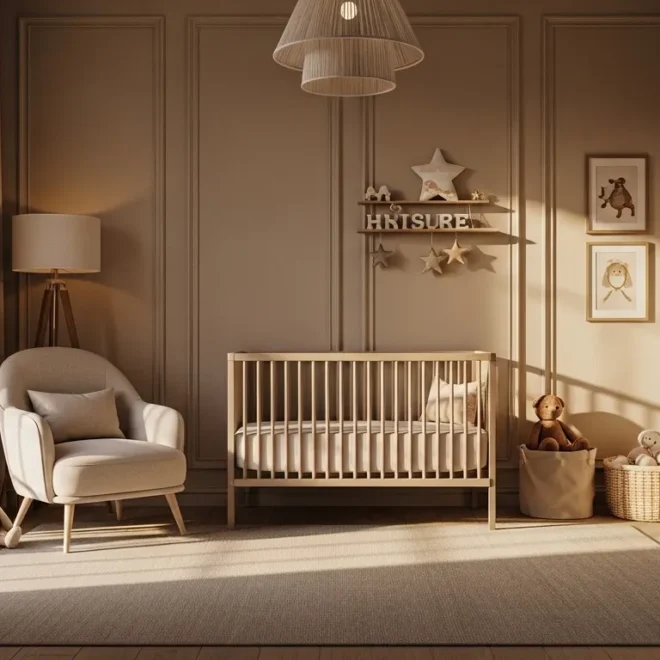 Elegant beige nursery featuring classic luxury furniture and soft neutral textures