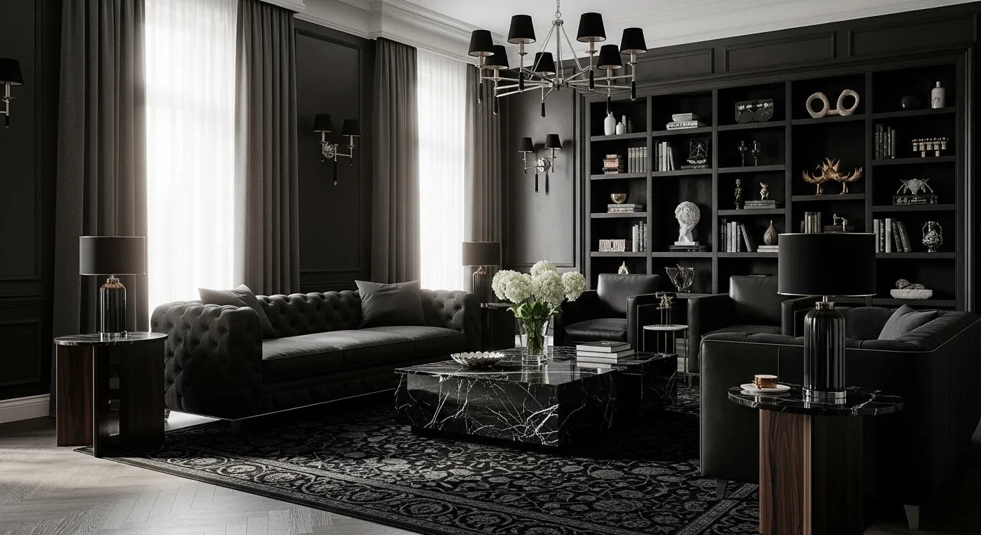 Opulent black living room featuring velvet furniture, ornate moldings, and gold accents