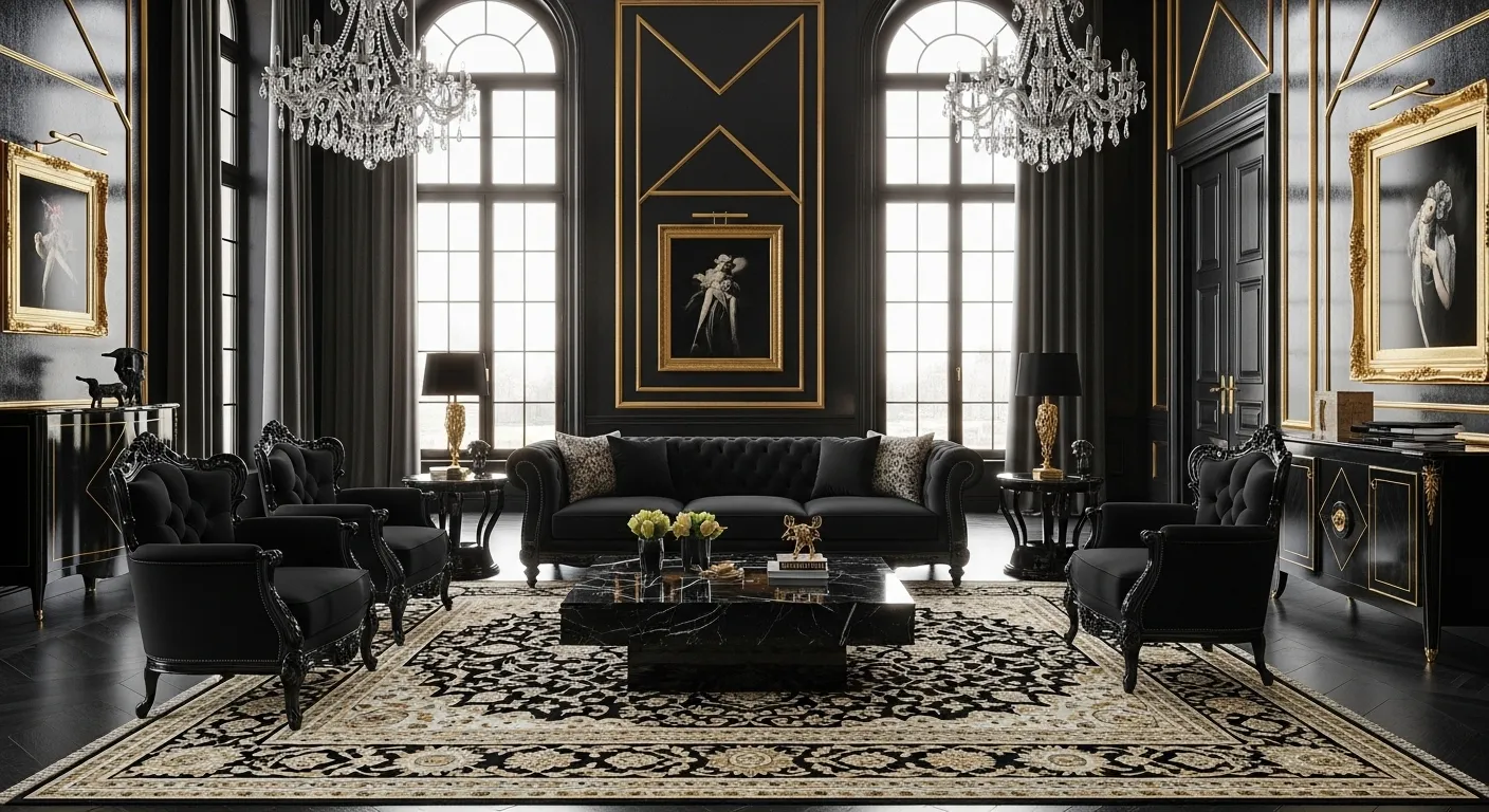 Opulent black living room featuring gold accents and velvet furniture
