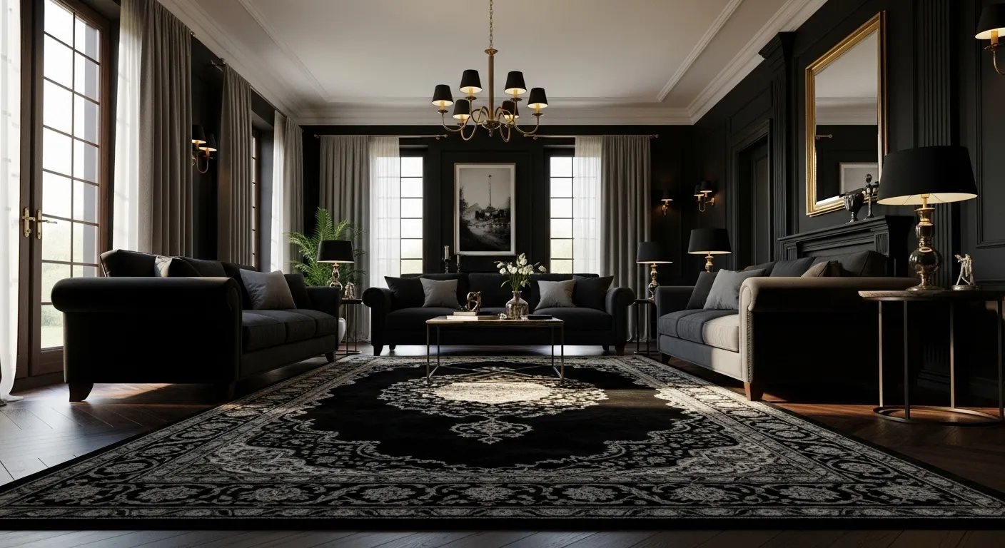 Opulent black living room featuring velvet furniture, ornate moldings, and gold accents