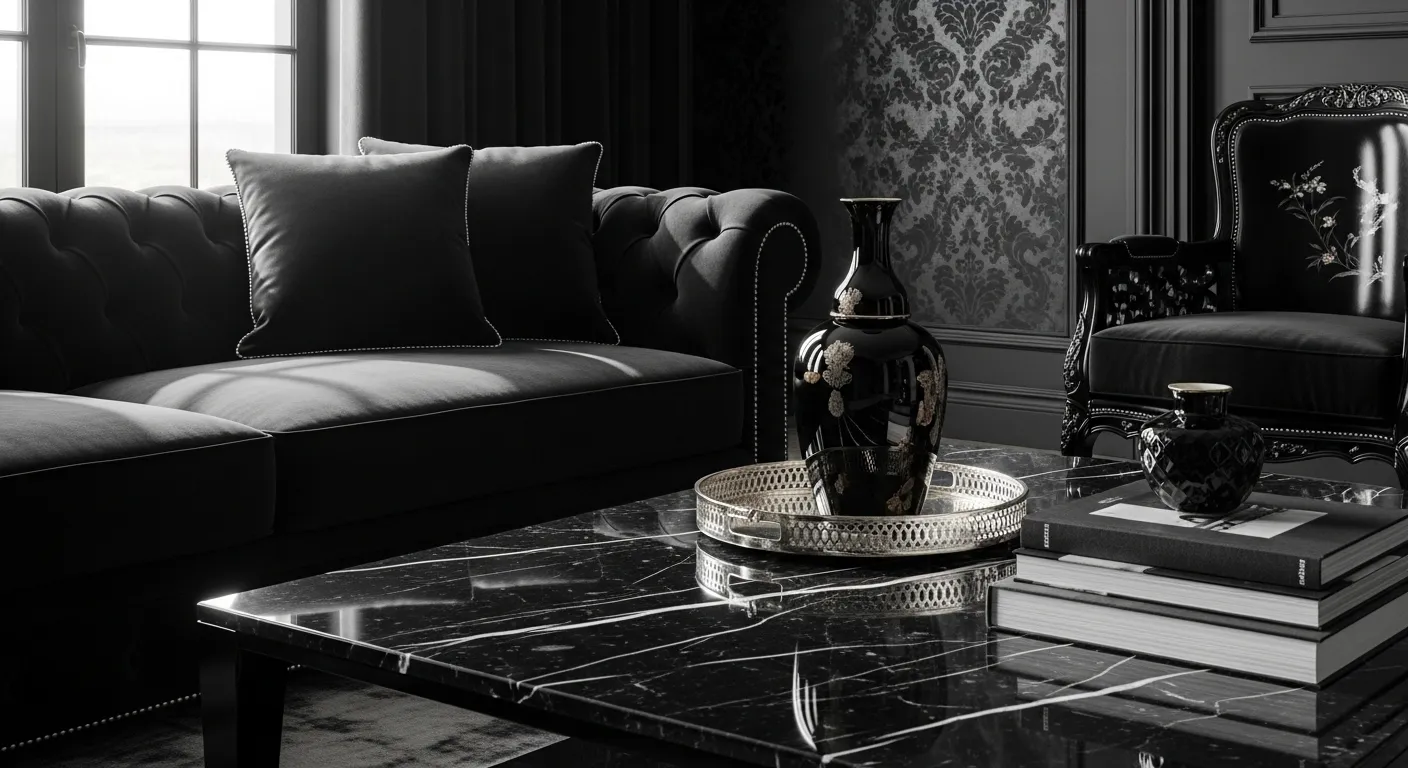 Opulent living room featuring matte black walls, velvet furniture, and gold accent decor