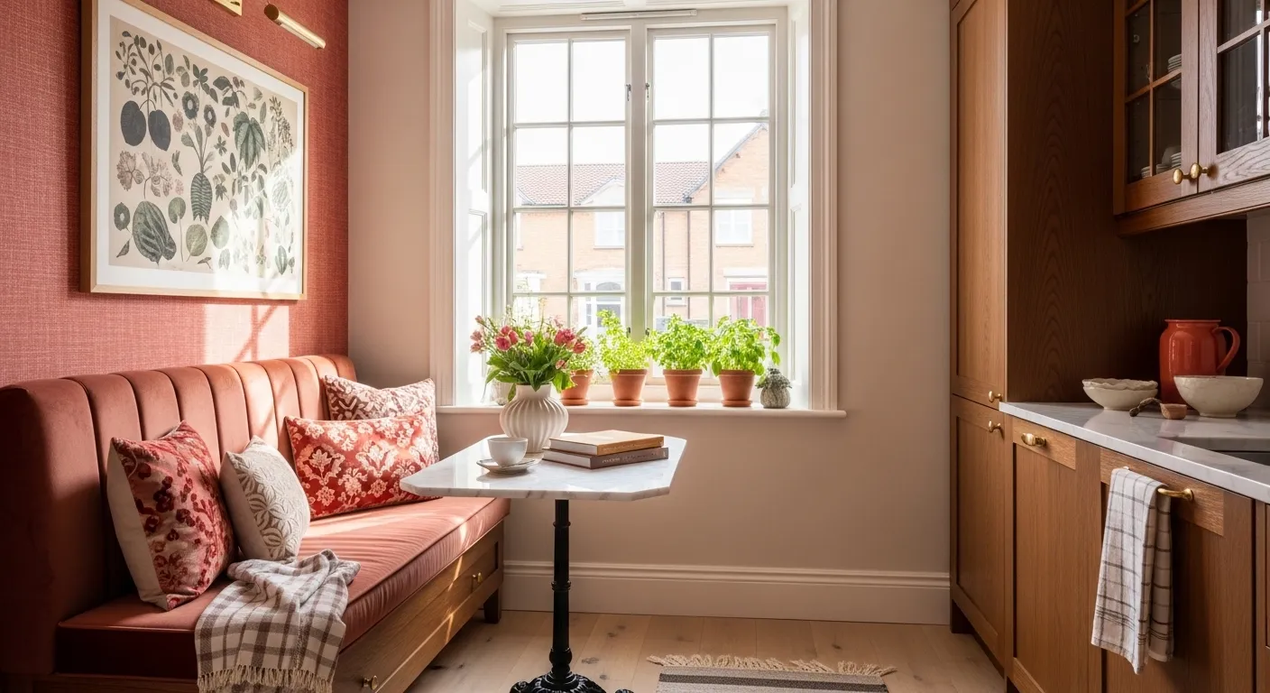 Spacious luxury kitchen featuring coral cabinetry, white marble countertops, and brass hardware