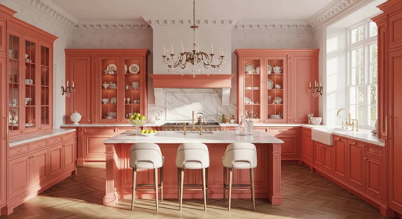 Elegant luxury kitchen featuring coral cabinetry, white marble countertops, and brass lighting fixtures