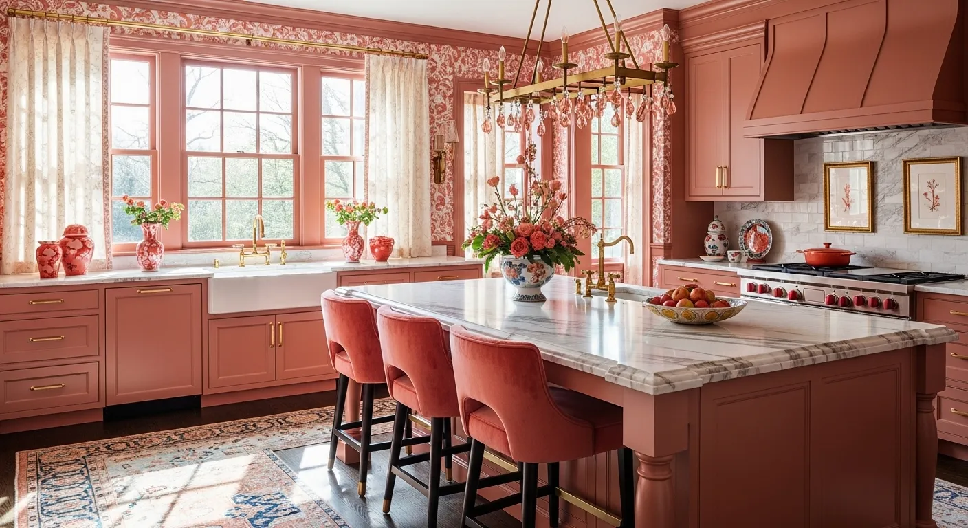Elegant kitchen featuring coral cabinetry, white marble countertops, and brass hardware fixtures