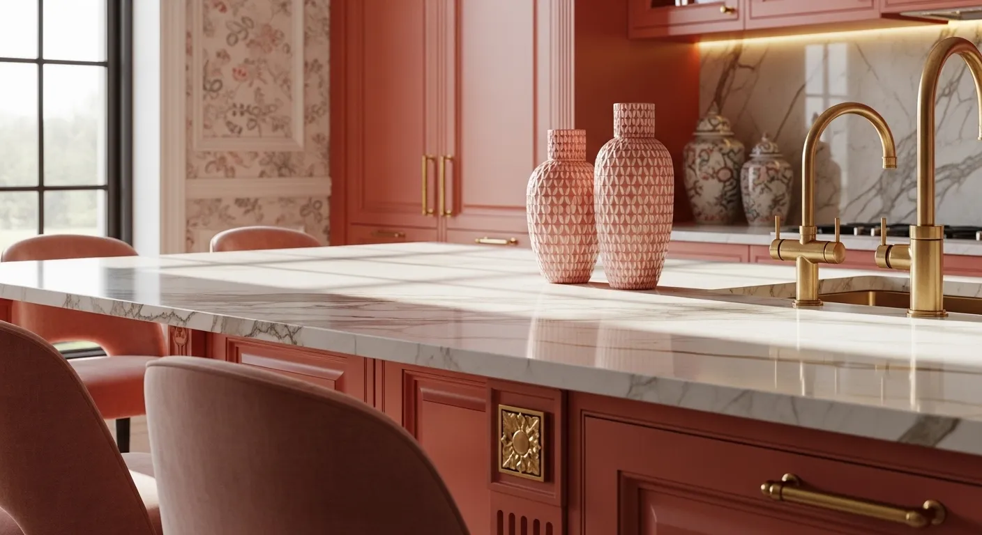 Elegant luxury kitchen featuring coral cabinetry, marble countertops, and gold hardware
