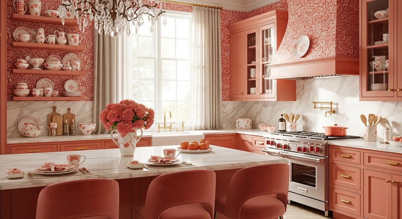 Elegant classic kitchen featuring coral cabinetry, white marble countertops, and brass hardware details