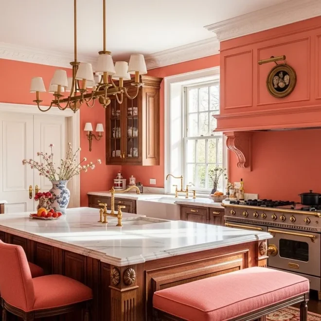Elegant kitchen featuring coral cabinetry, gold hardware, and white marble countertops