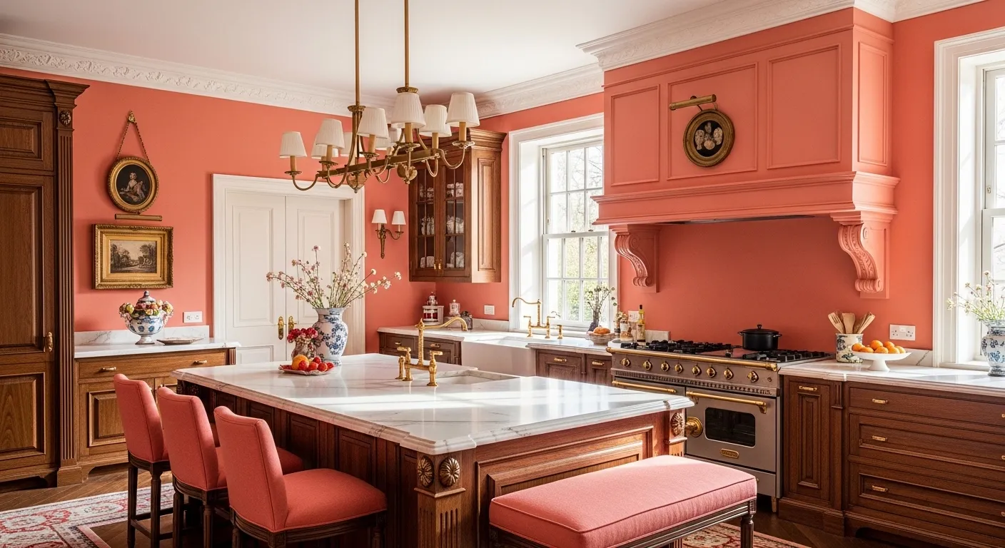 Elegant kitchen featuring coral cabinetry, gold hardware, and white marble countertops