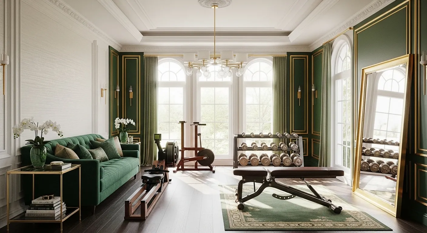 Elegant home gym featuring emerald green walls, classic moldings, and luxury fitness equipment