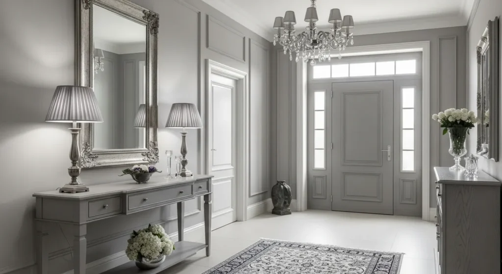 Light gray classic luxury entryway with elegant console table and decorative mirror