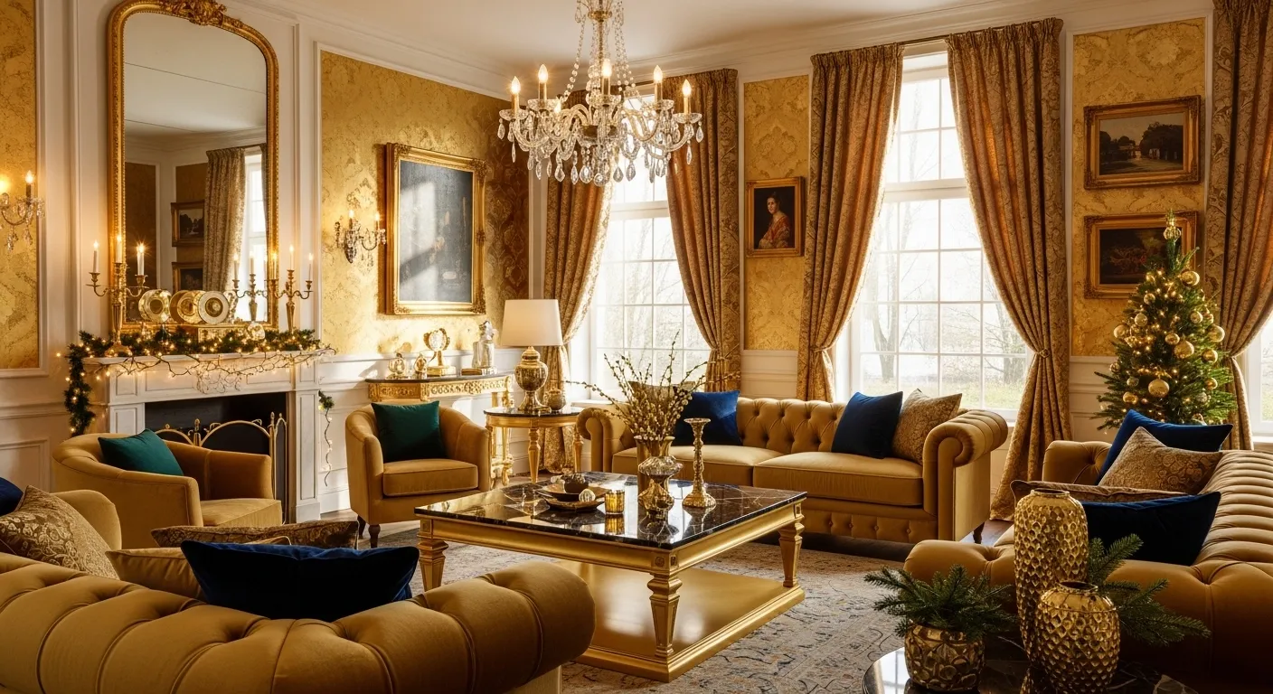 Elegant living room featuring gold accents, plush seating, and classic architectural details