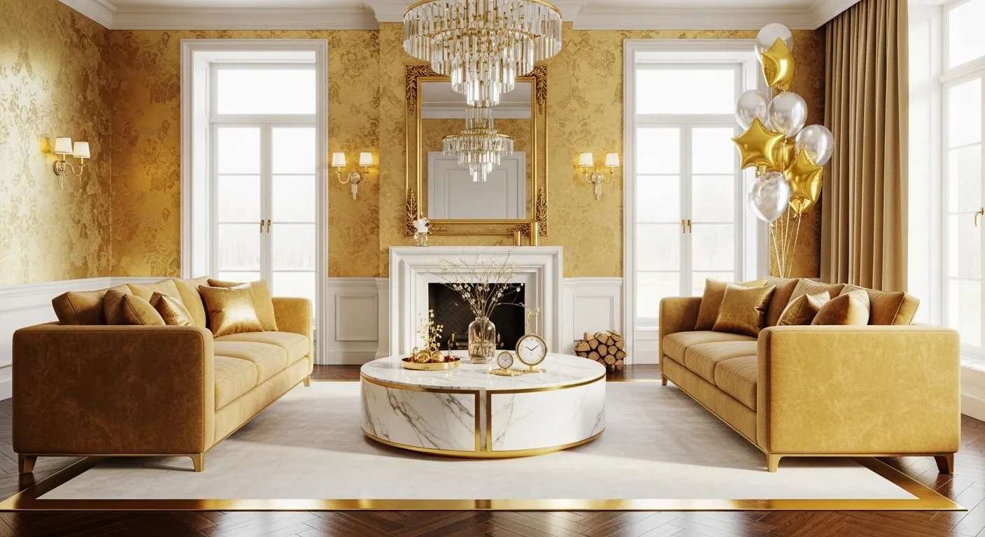 Opulent classic living room featuring gold furniture accents and elegant lighting