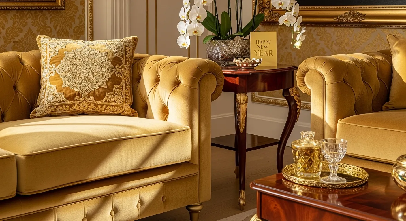 Opulent living room featuring gold accents, plush seating, and classic luxury architectural details