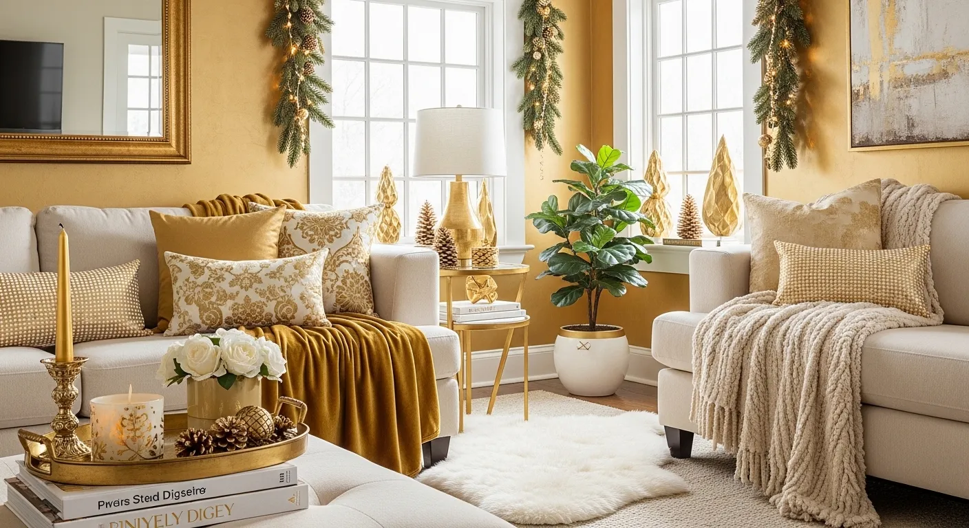 Opulent living room featuring ornate gold furniture and classic luxury decor elements