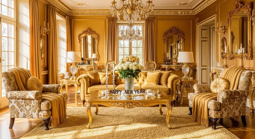 Opulent living room featuring gold accents, ornate moldings, and classic luxury furniture