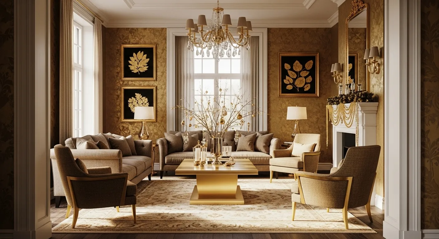Opulent living room featuring gold accents, crystal chandelier, and plush beige seating