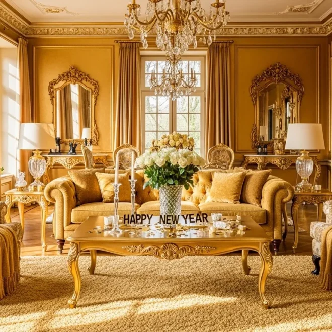 Opulent living room featuring gold accents, ornate moldings, and classic luxury furniture