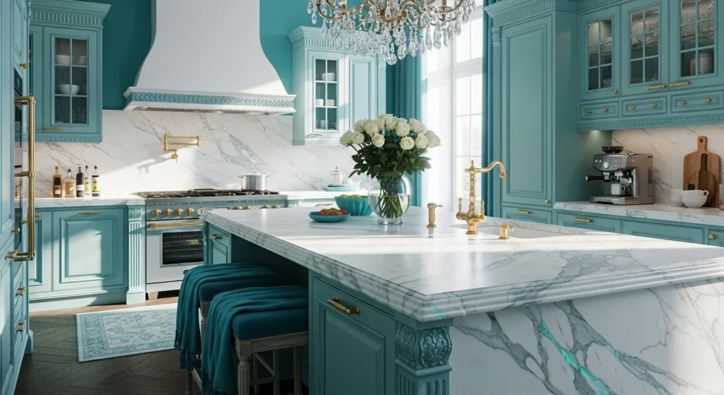 Stunning classic luxury kitchen featuring turquoise cabinetry and marble countertops, perfect for everyday elegance.