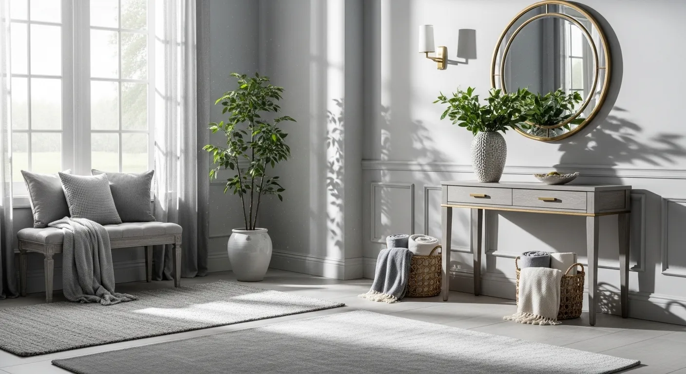 Elegant light gray entryway featuring classic wainscoting and luxury console table decor
