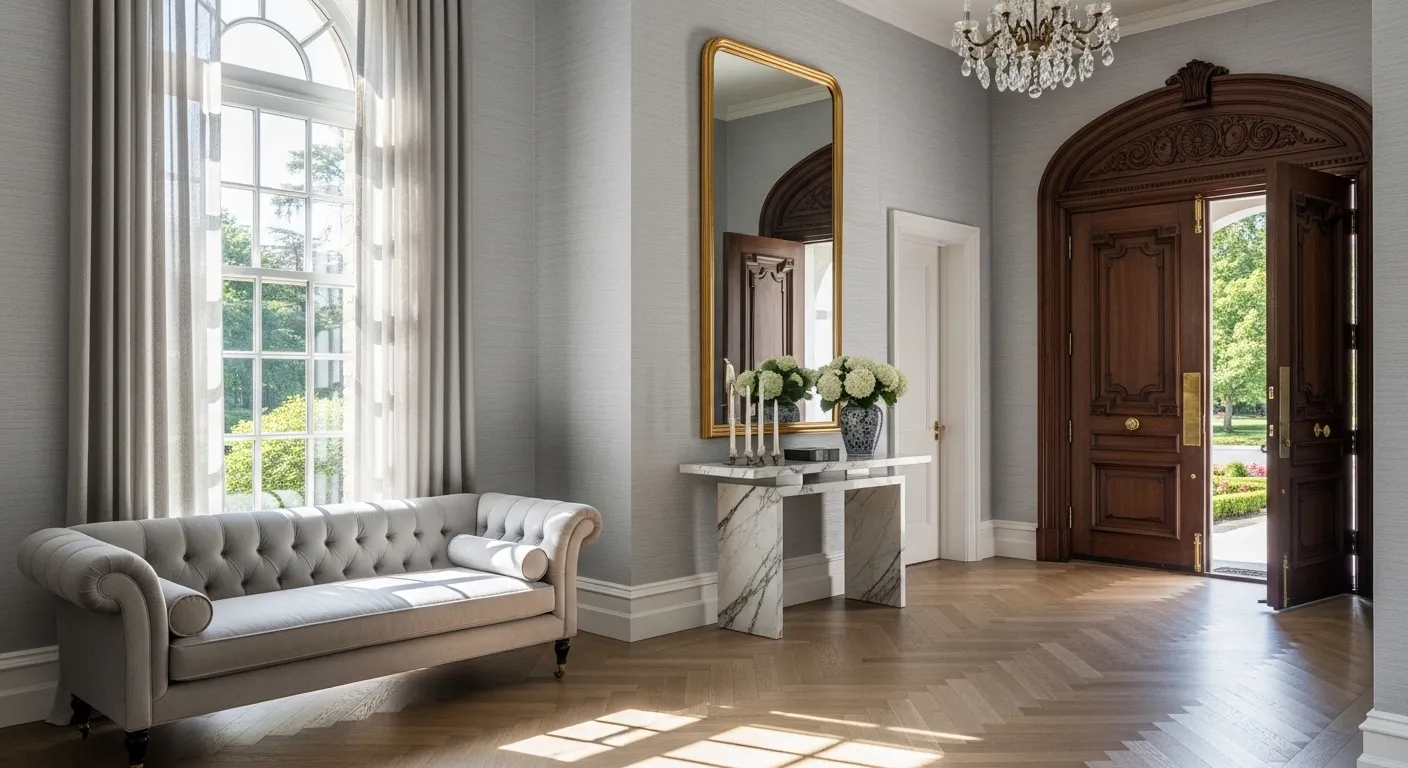 Elegant light gray entryway featuring classic wainscoting and luxury decor details