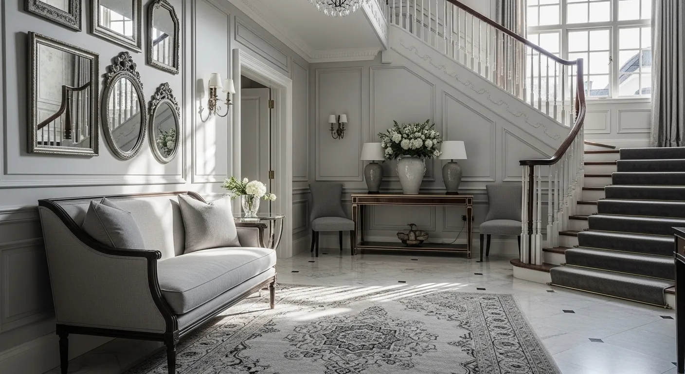 Elegant light gray entryway featuring classic wainscoting and a gold mirror