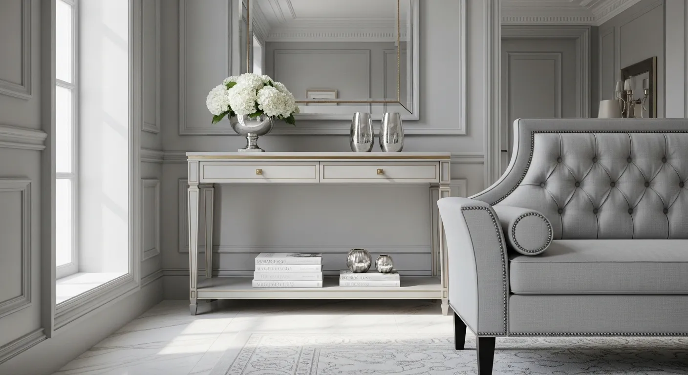 Elegant light gray entryway featuring classic luxury decor and a statement console table