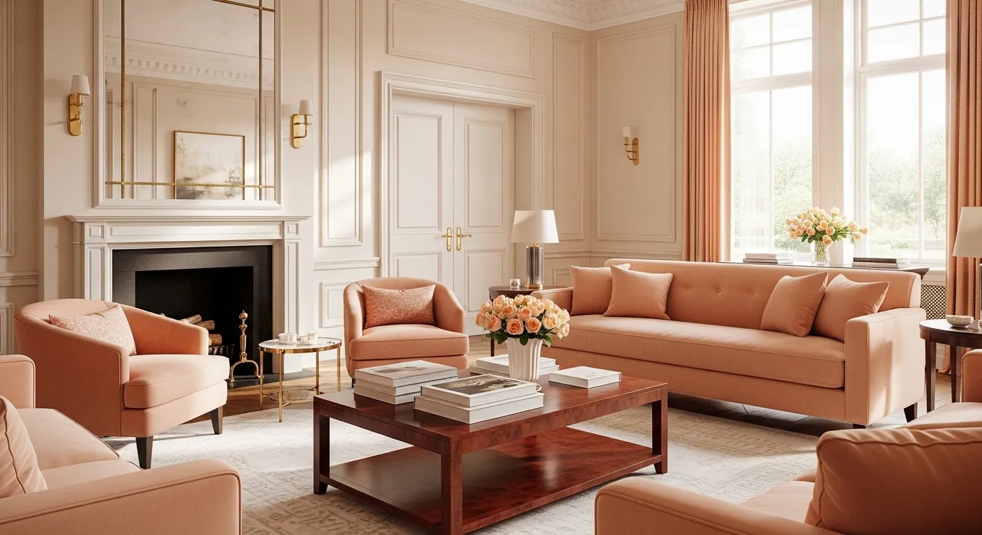 Elegant living room featuring tufted peach sofas, gold accents, and classic wainscoting details