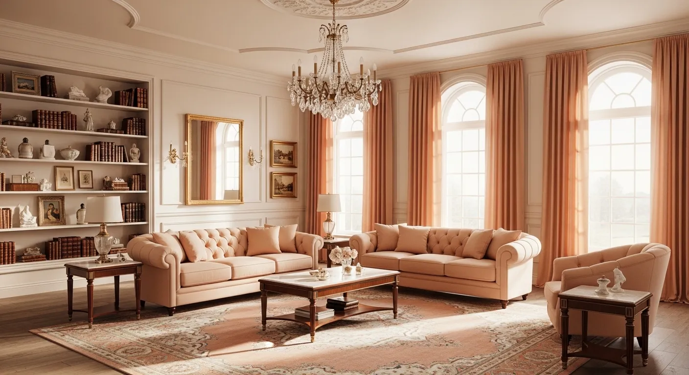 Elegant living room featuring creamy peach walls, tufted furniture, and classic gold accents