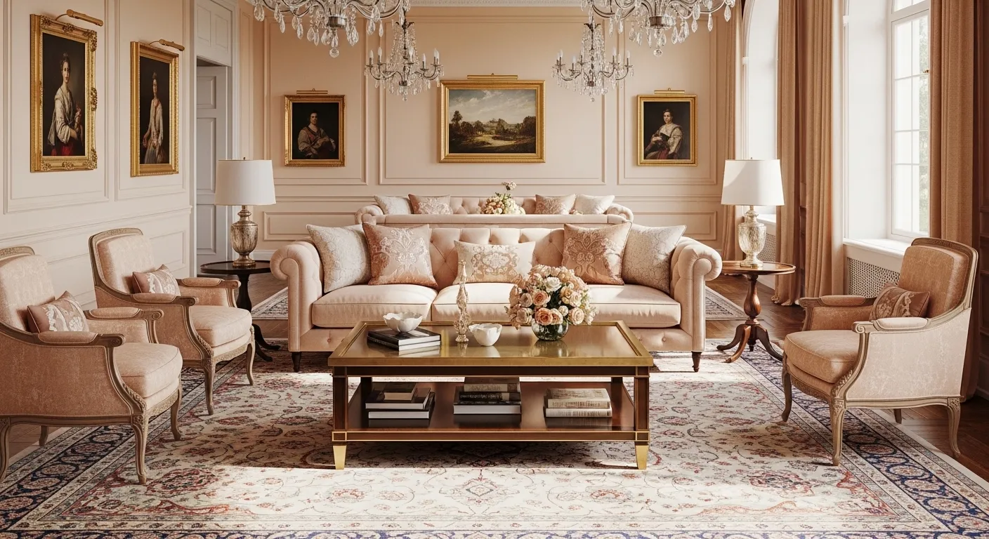 Elegant classic living room featuring creamy peach velvet sofas and ornate gold accents