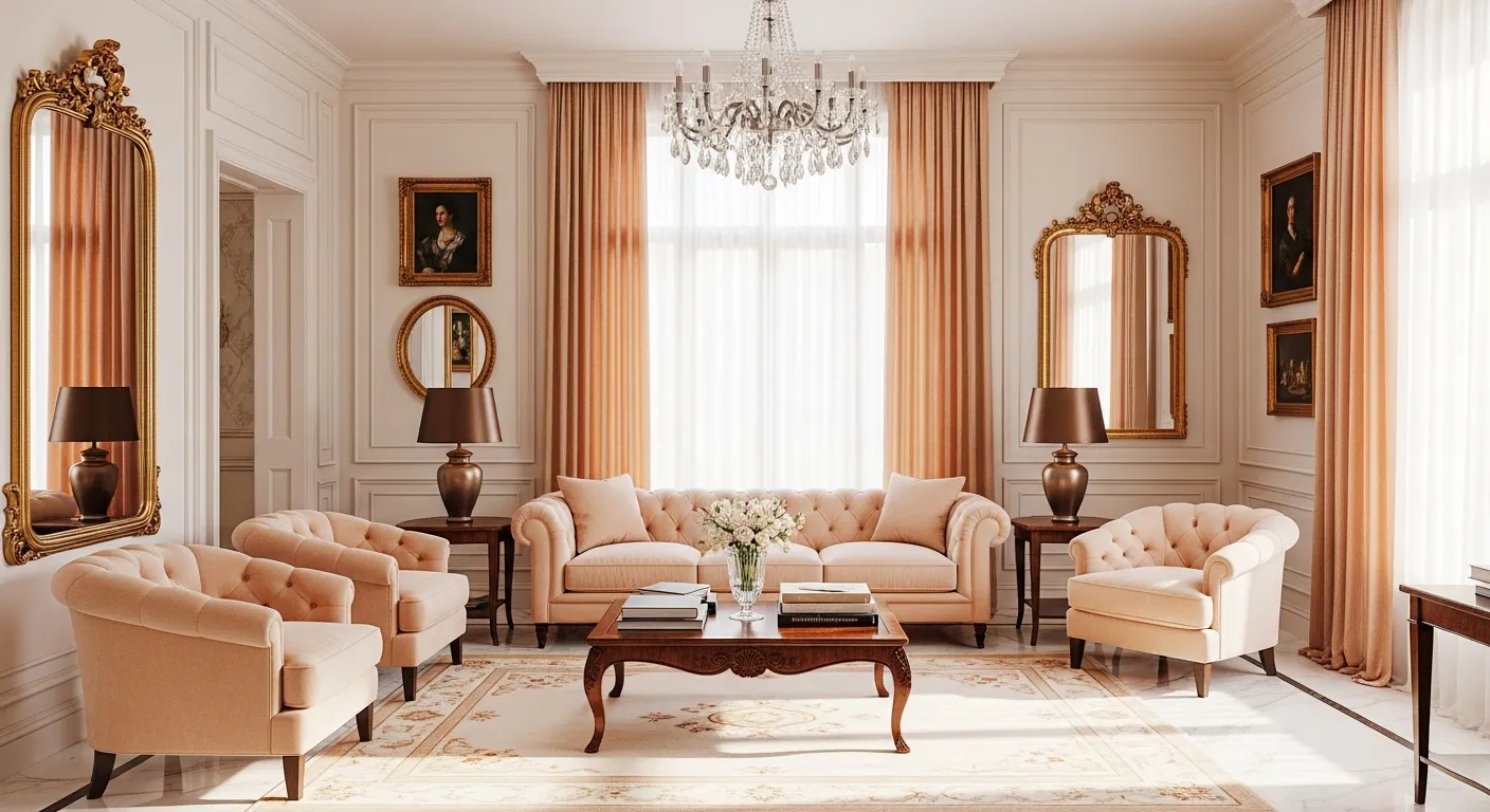 Elegant living room featuring creamy peach walls, plush seating, and classic gold accents