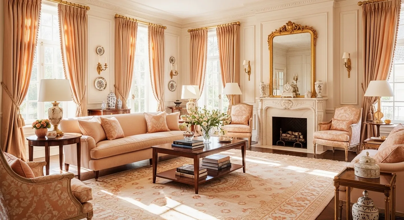 Elegant living room with creamy peach walls and classic luxury furniture