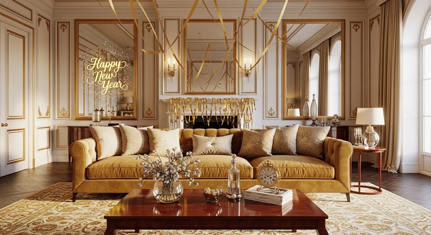 Opulent living room featuring gold velvet seating and intricate classic wall moldings