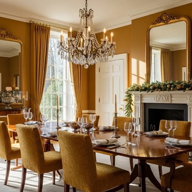 Mustard classic luxury dining room with crystal chandelier, gilded mirrors, fireplace