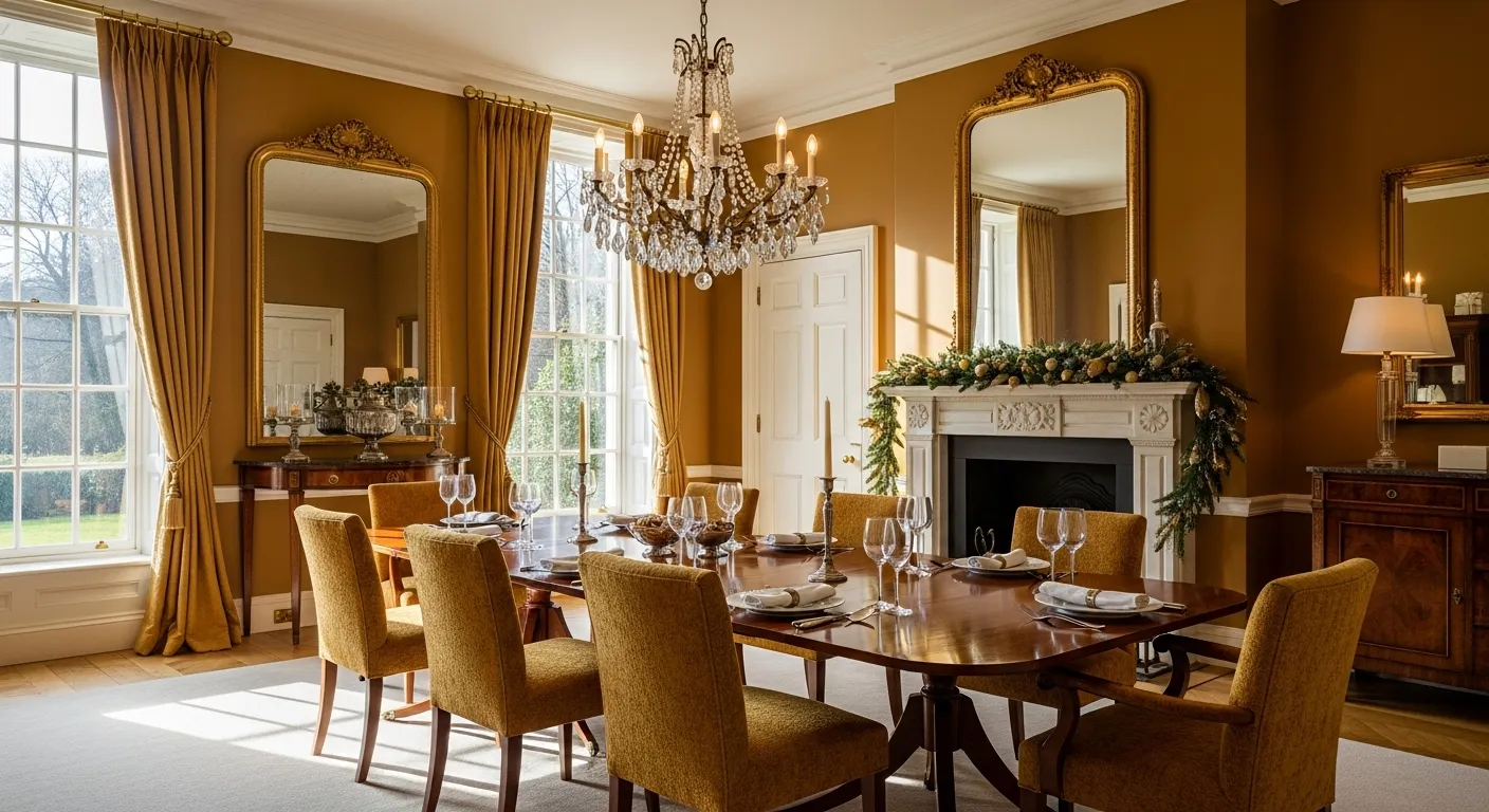 Mustard classic luxury dining room with crystal chandelier, gilded mirrors, fireplace