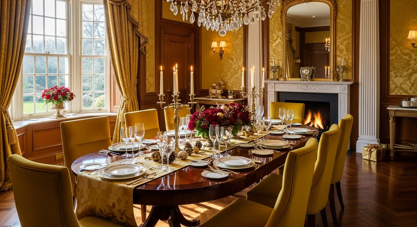 Classic luxury dining room with mustard chairs, chandelier, and fireplace