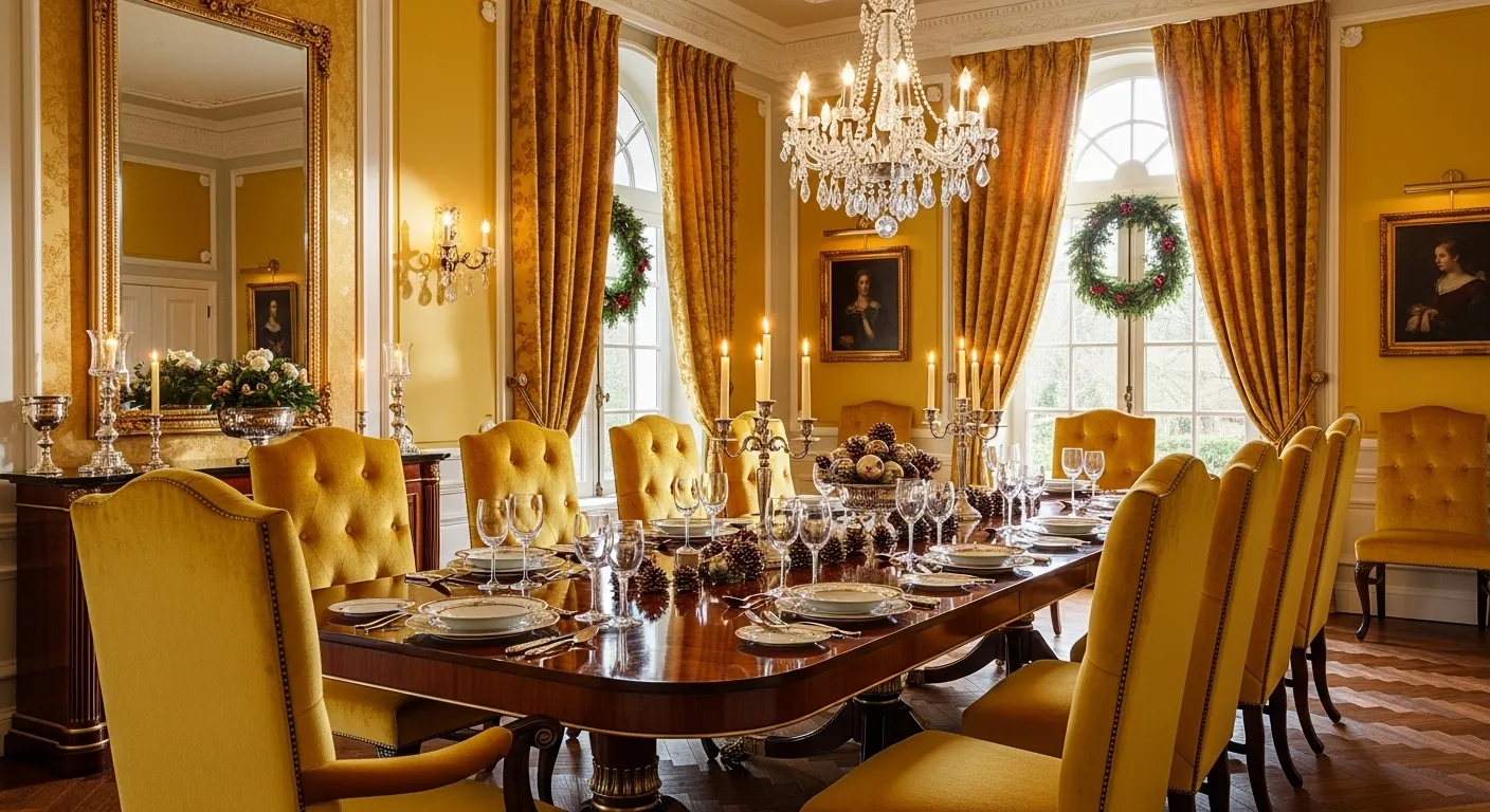 Classic luxury dining room with mustard chairs, chandelier, and formal table setting