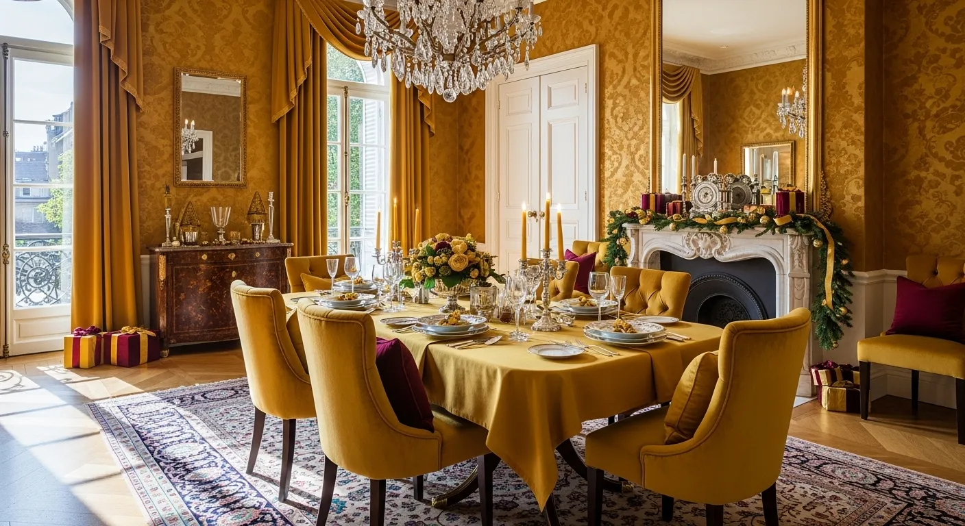 Classic luxury mustard dining room with chandelier, fireplace garland, and set table