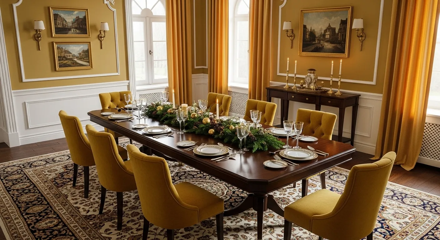Classic luxury dining room with mustard velvet chairs, gold drapes, dark wood table