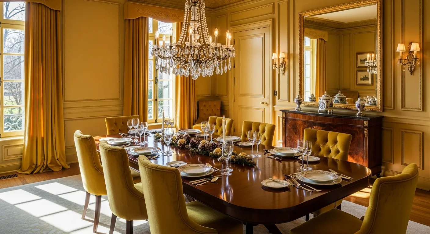 Classic luxury mustard dining room with crystal chandelier and set table