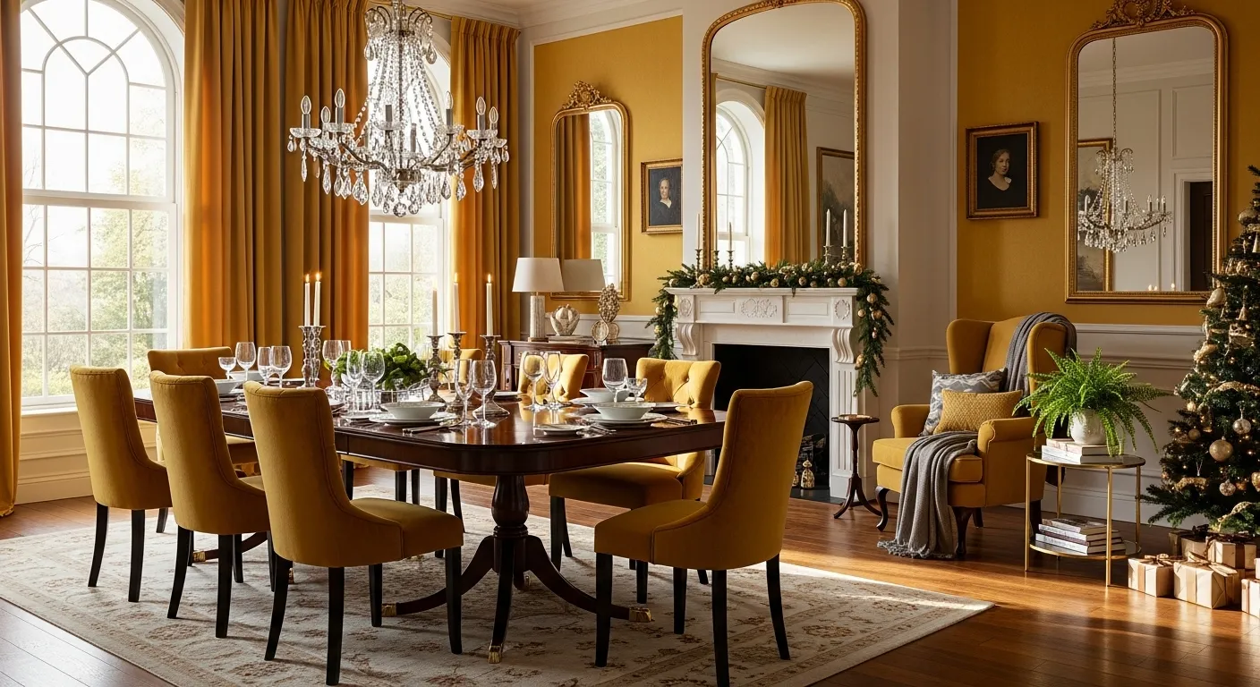 Mustard classic luxury dining room with crystal chandelier and velvet chairs