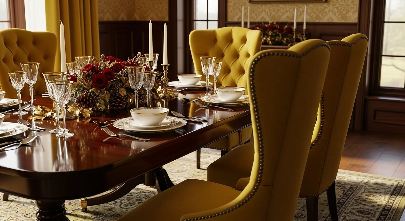 Mustard velvet dining chairs around dark wood table with candlelit centerpiece
