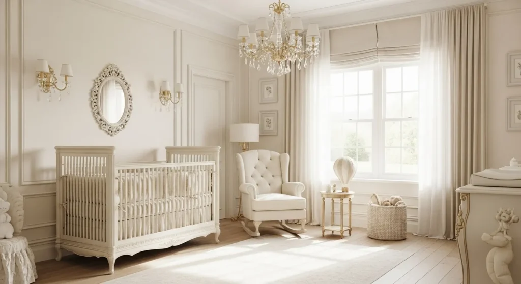 Elegant cream nursery with luxury decor, stylish crib, and chandelier.